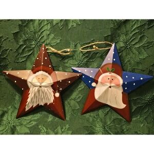 Set of 2 Hand Painted Santa Claus Stars Christmas Ornaments Rustic Decor /0182